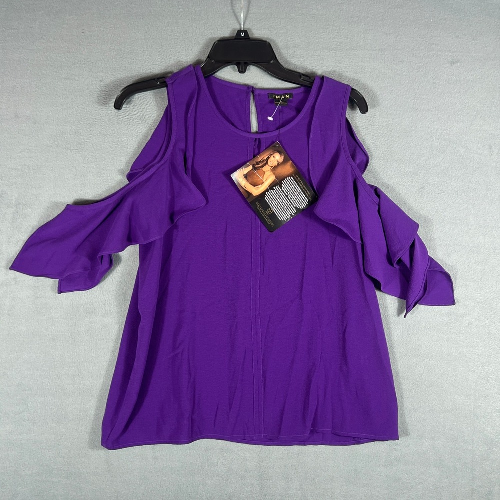 IMAN Womens Blouse Size S Purple Solid Cold Shoulder Ruffle Sleeve NWT